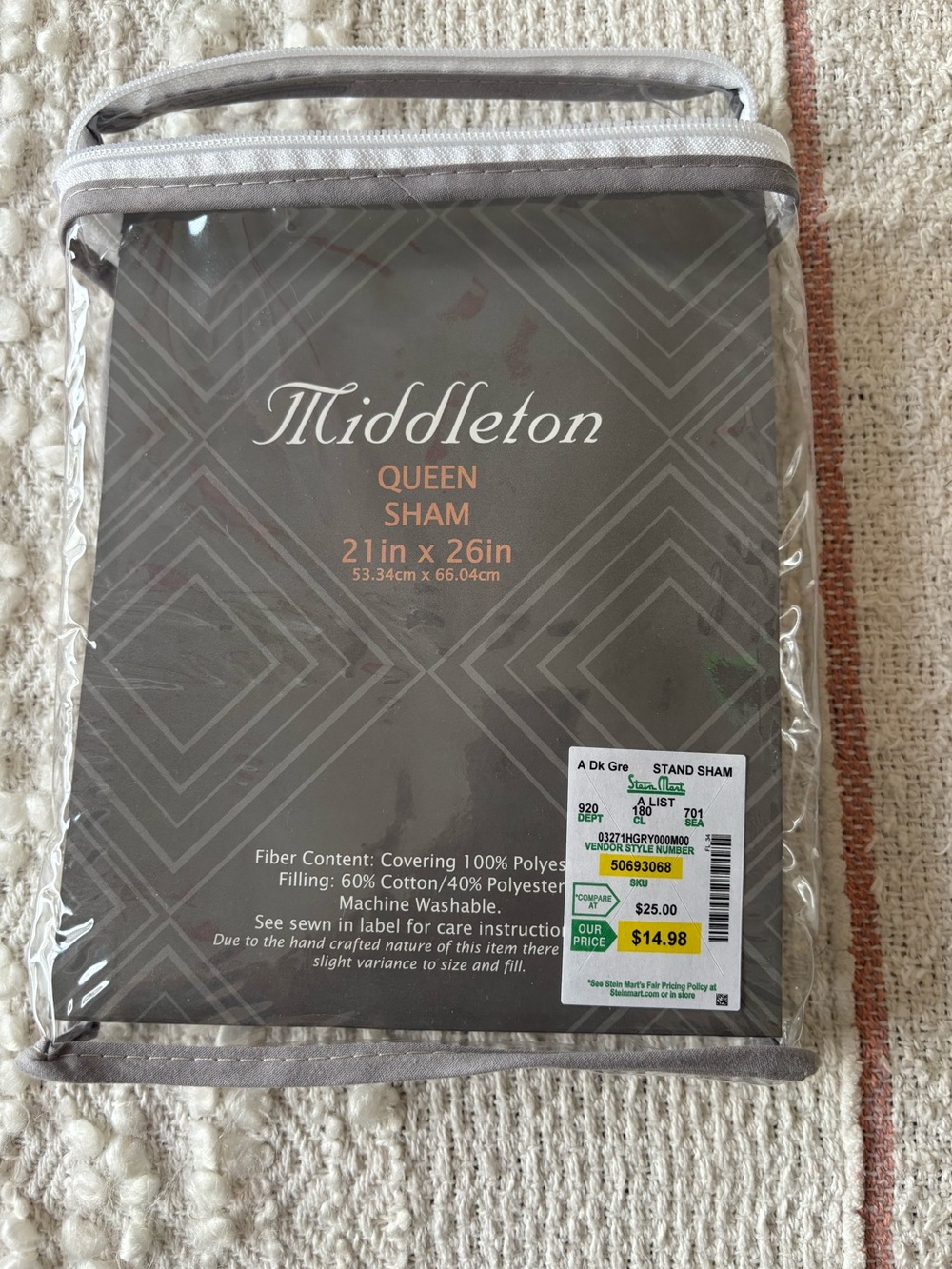 NWT‎ Set of 2 Middleton Dark Grey Quilted Queen Pillow Shams 21” x 26”